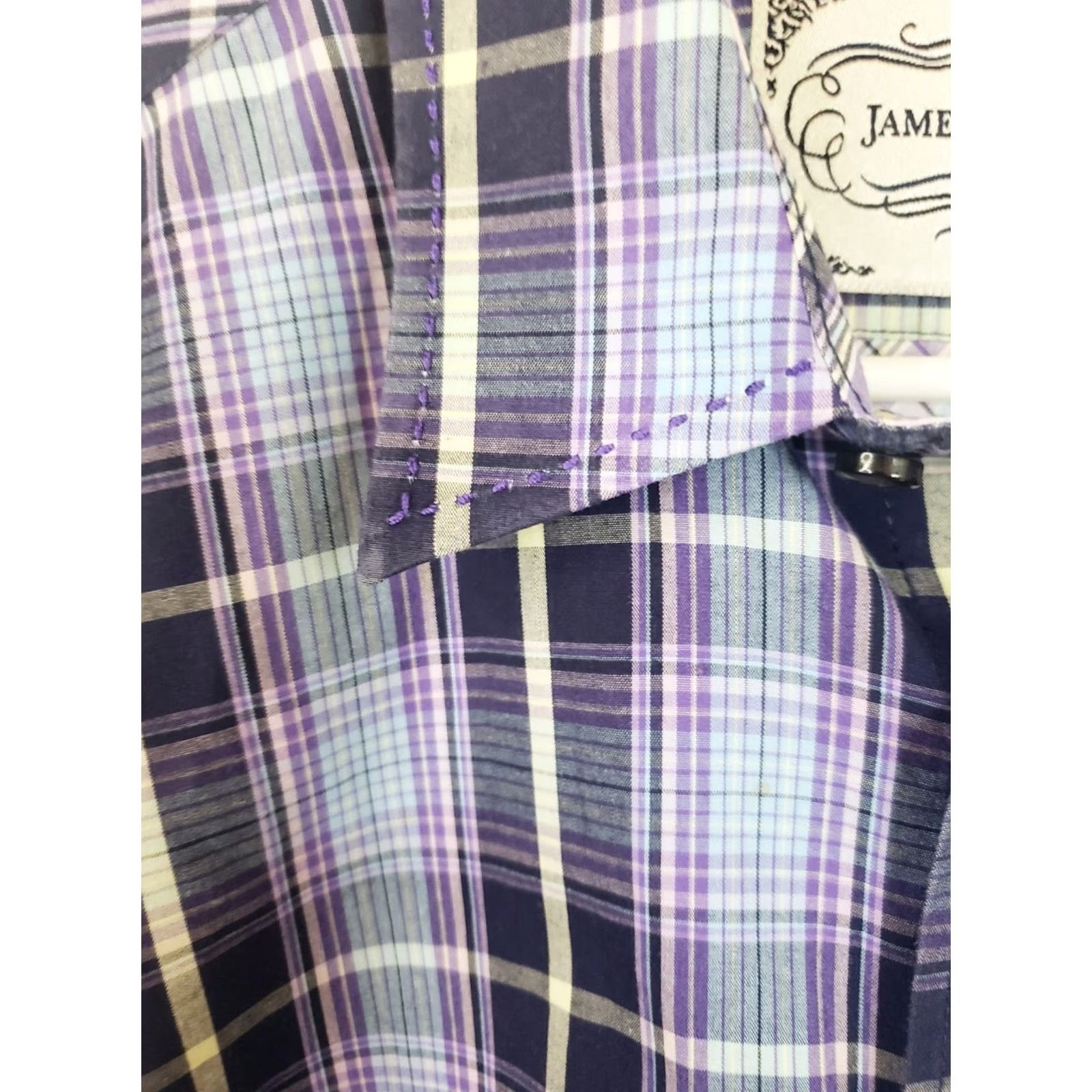 Vintage James Campbell Men's L Button-Down Shirt Blue Purple Plaid Short Sleeve Casual Workwear Travel Party/Cocktail Size US L / EU 52-54 / 3 - 5 Thumbnail