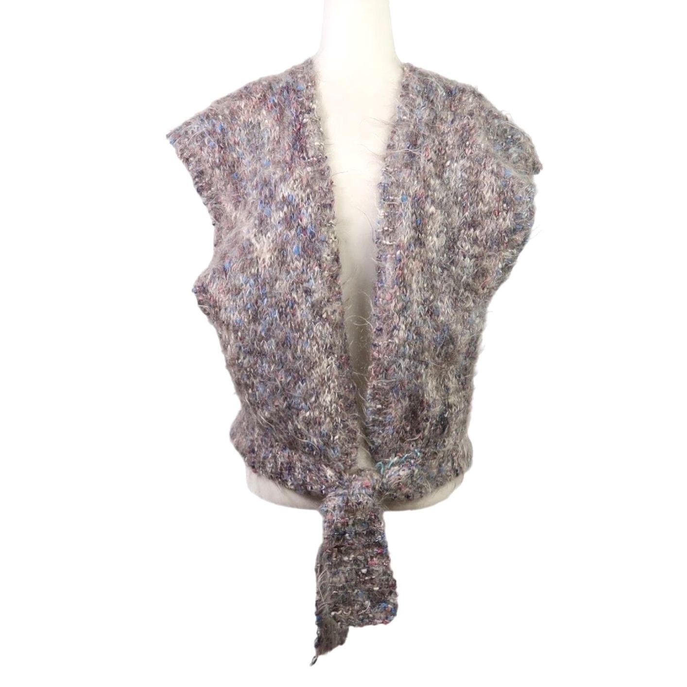 Vintage VINTAGE 80s Gray Mohair Knit Tie Front Sweater Vest Women L Sleeveless Marled Fuzzy Fashion Casual Knitwear Size L / US 10 / IT 46 - 2 Thumbnail