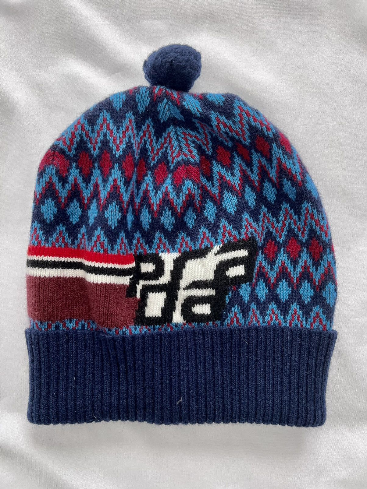 image of Prada Fw18 Diamond Jacquard Motif Cashmere Beanie Cap in Blue, Men's
