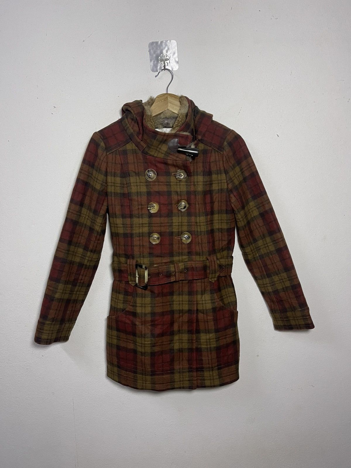 Japanese Brand Peyton Place Plaid Wool Blend Trench Coat Rabbit Fur Collar Size S / US 4 / IT 40 - 1 Thumbnail