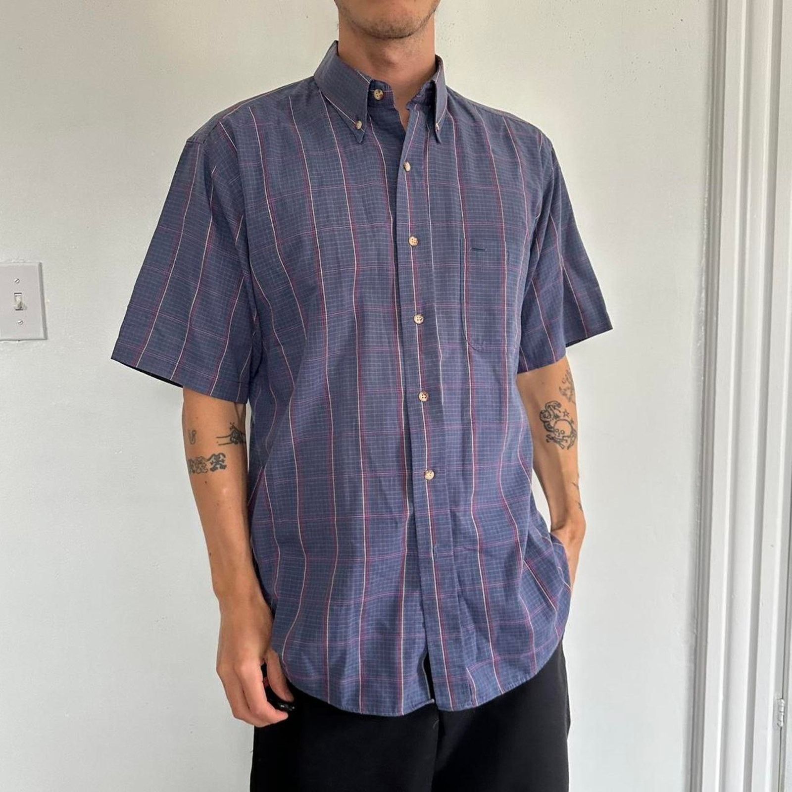 Vintage Vintage 70s Plaid Basic Light Thin Button Up Camp Work Shirt Size US L / EU 52-54 / 3 - 1 Thumbnail
