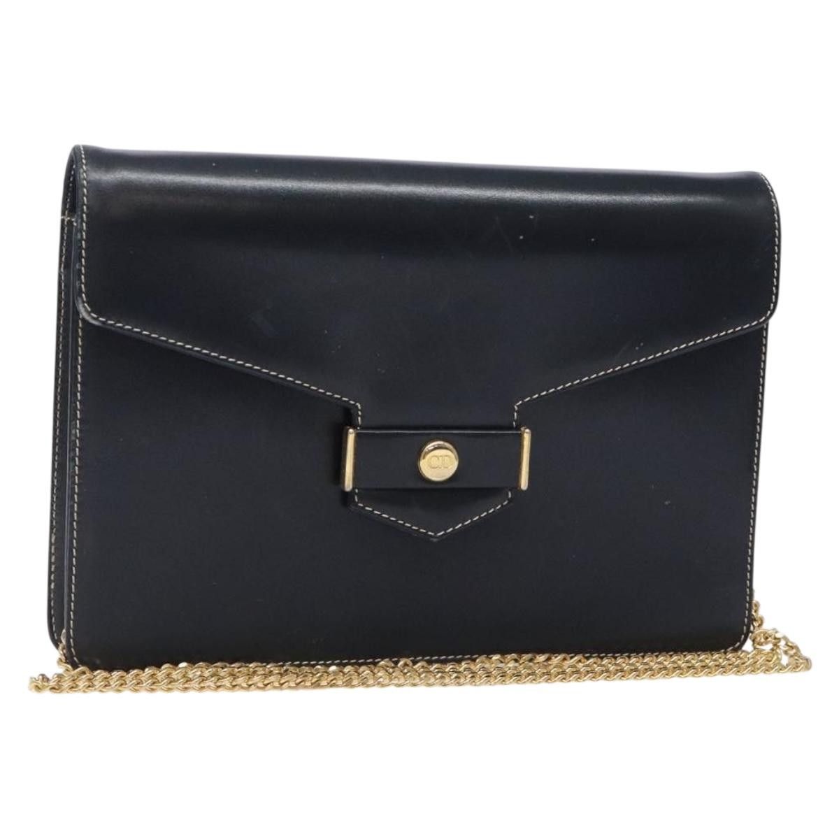 DIOR Chain Shoulder Bag Leather Navy Gold
