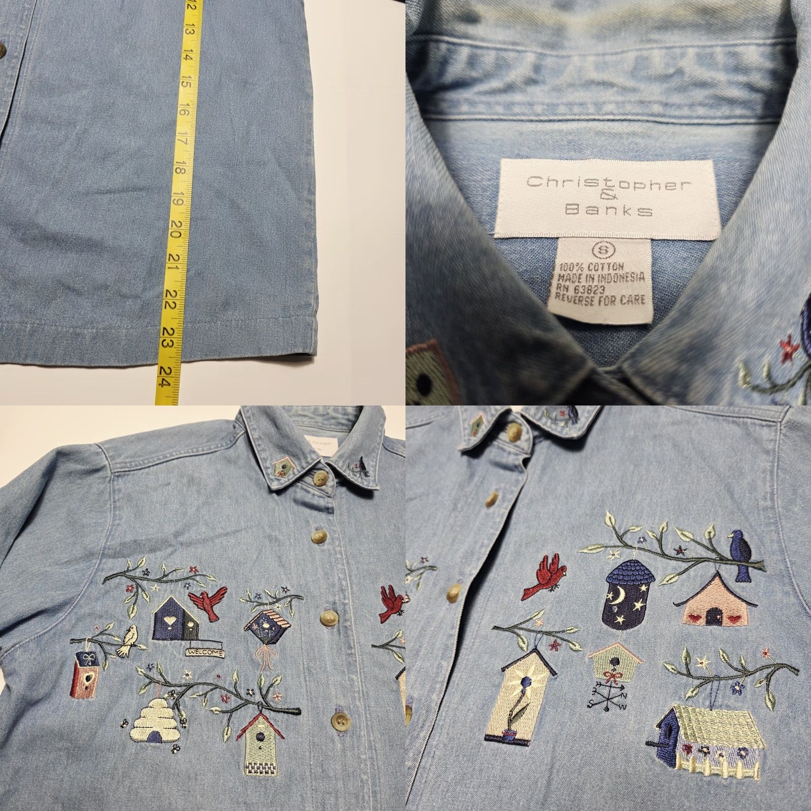 Vintage VINTAGE Christopher & Banks Denim Jean Shirt Womens Size S 3/4 Sleeve Floral Birdbirds Birdhouse Embroidery Blue Women Size S / US 4 / IT 40 - 8 Thumbnail