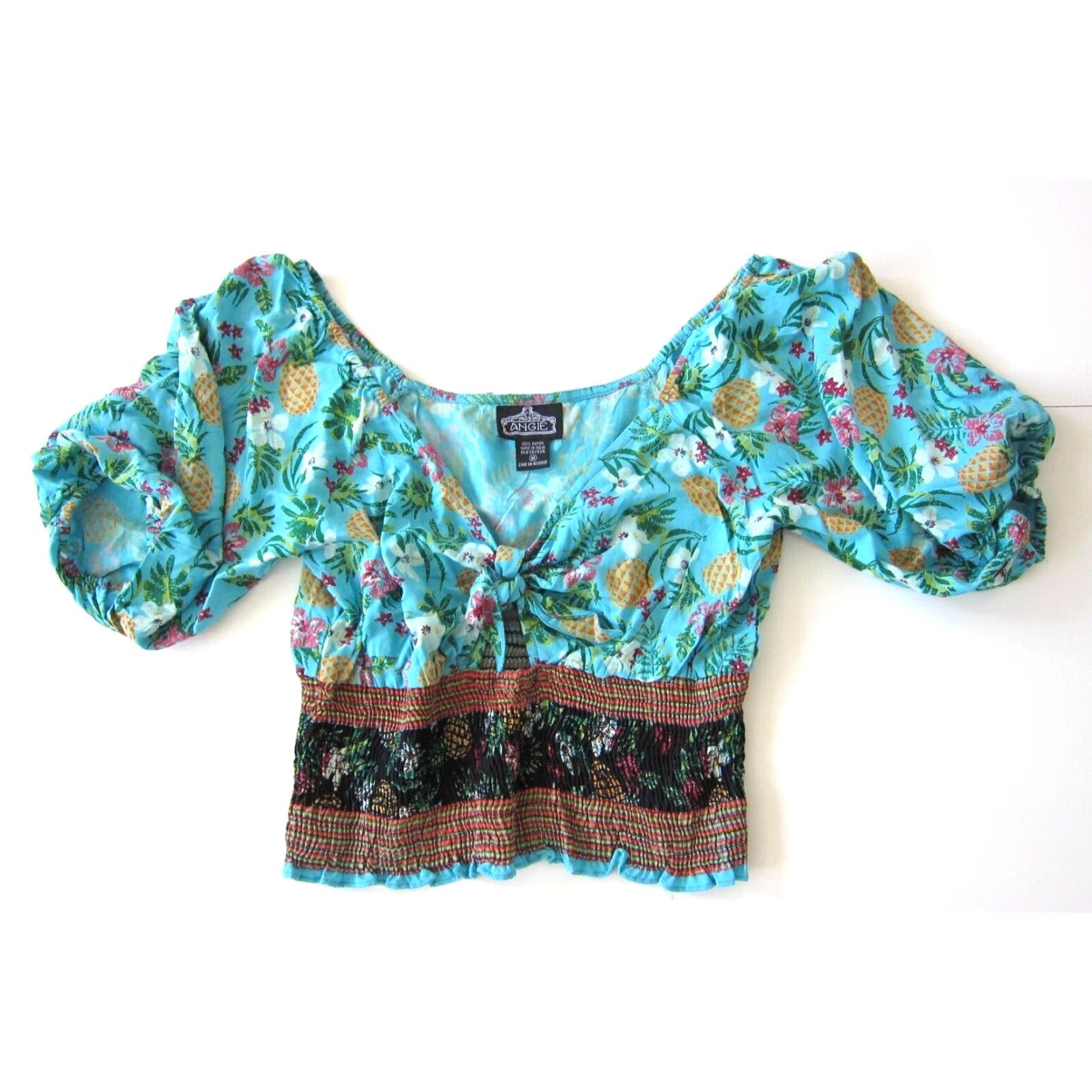 Vintage Angie Blouse Shirt Womens V-Neck Puff Sleeve Crop Peasant 100% Rayon Blue Green Pink Medium Size M / US 6-8 / IT 42-44 - 2 Thumbnail