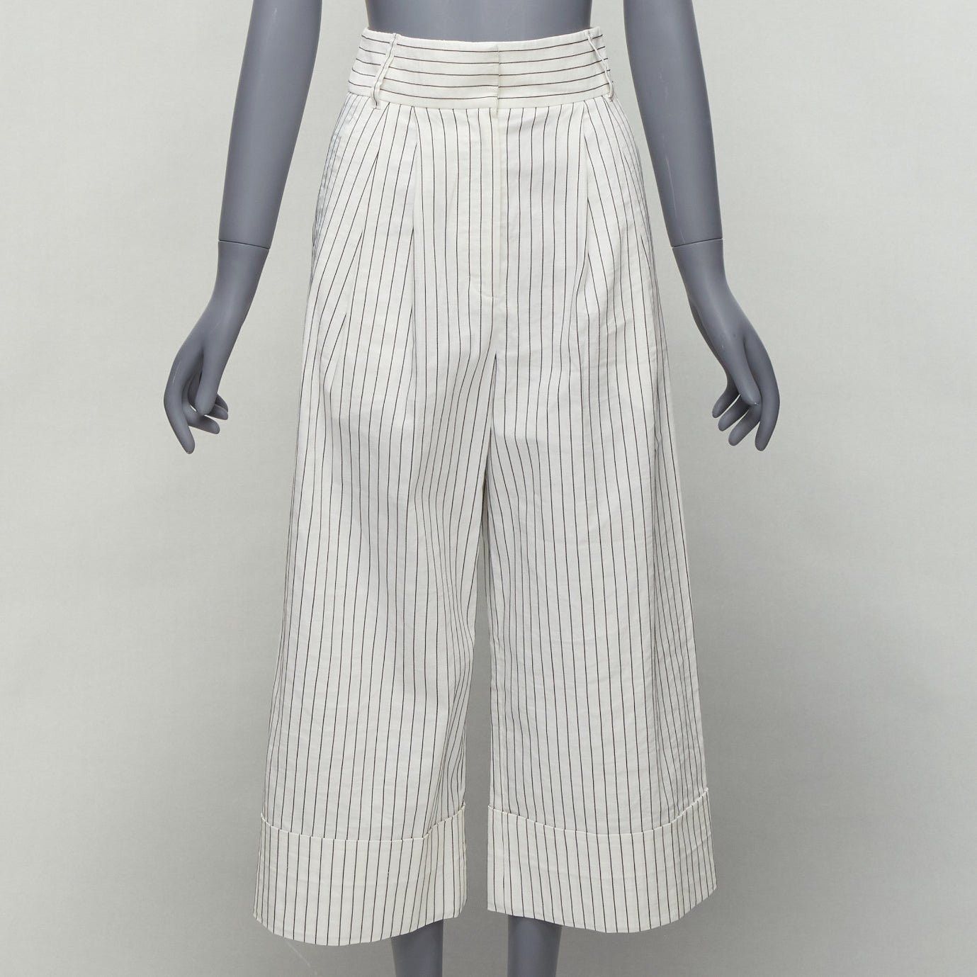 Tibi TIBI white black pinstriped linen blend pleated front wide leg cropped pants US0 XS Size 26" / US 2 / IT 38 - 1 Thumbnail