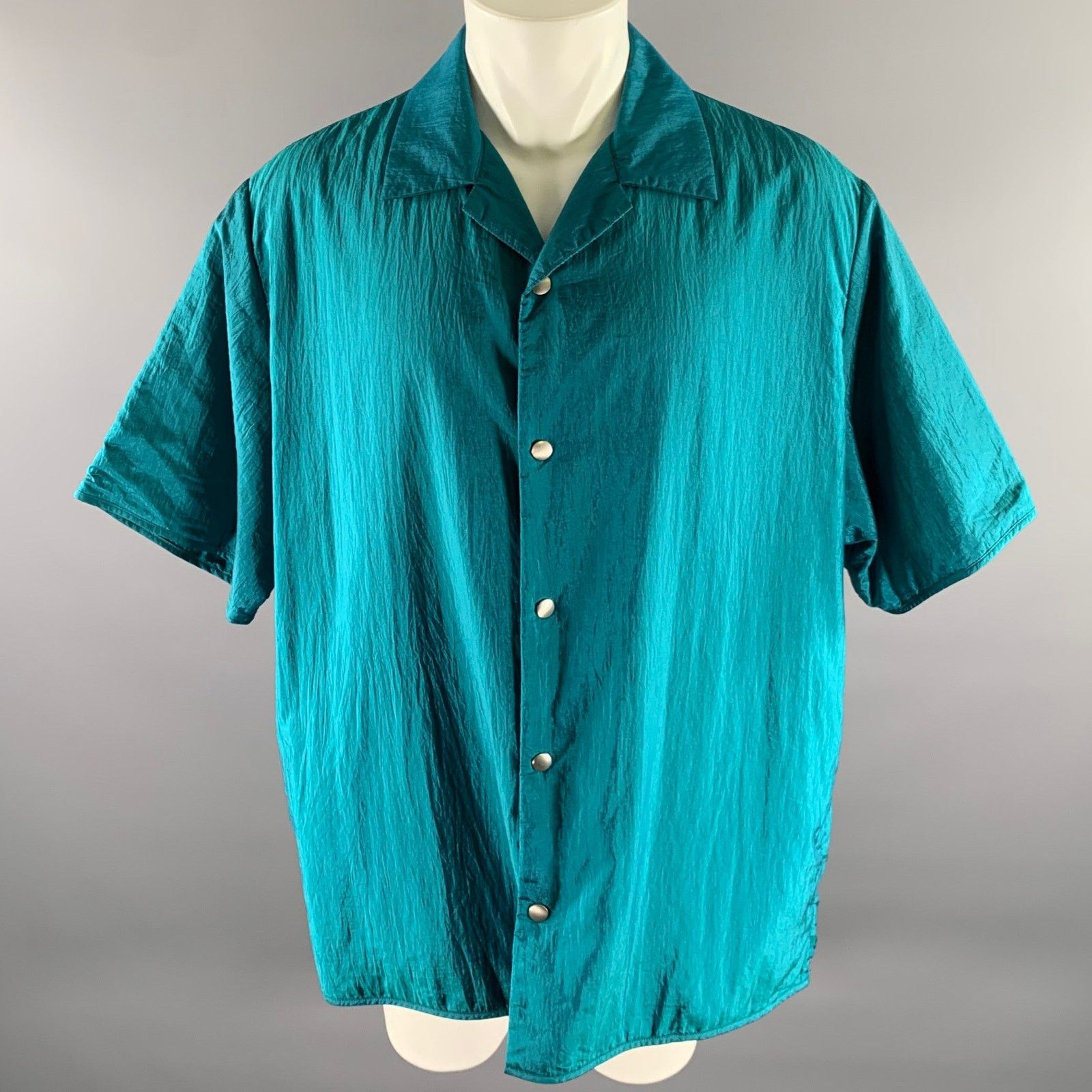 Jil Sander JIL SANDER XL Teal Polyamide Silk Camp Short Sleeve Shirt Size US XL / EU 56 / 4 - 1 Thumbnail