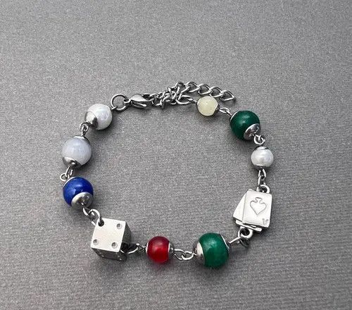 Jewelry Multicolor Beaded Silver Charm Bracelet, Gambling Dice Style Size ONE SIZE - 1 Thumbnail