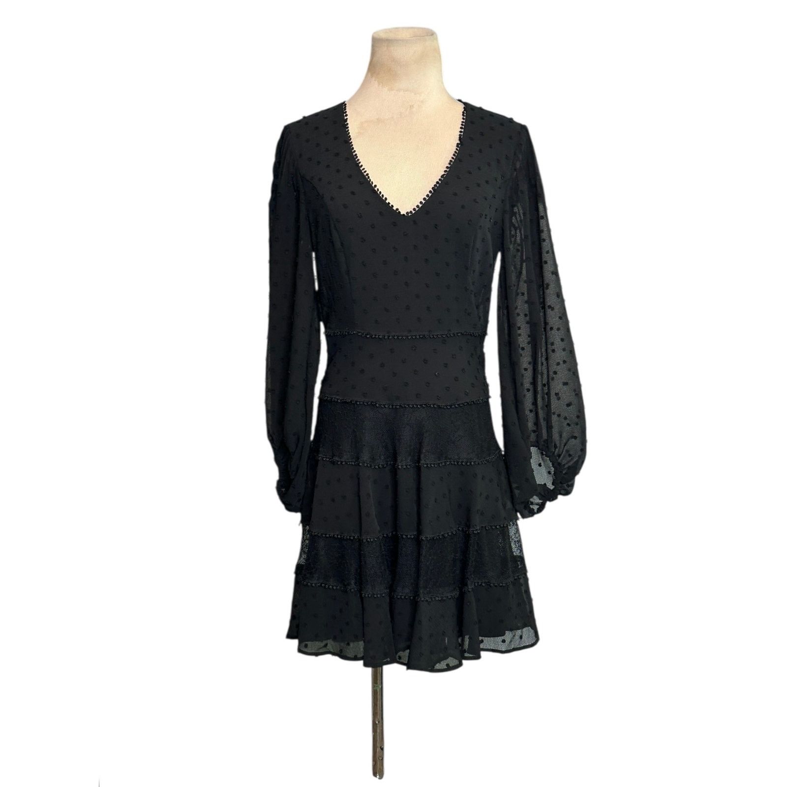 REVOLVE Bardot Mae black lace long sleeves tiered mini dress size 6 |  Grailed