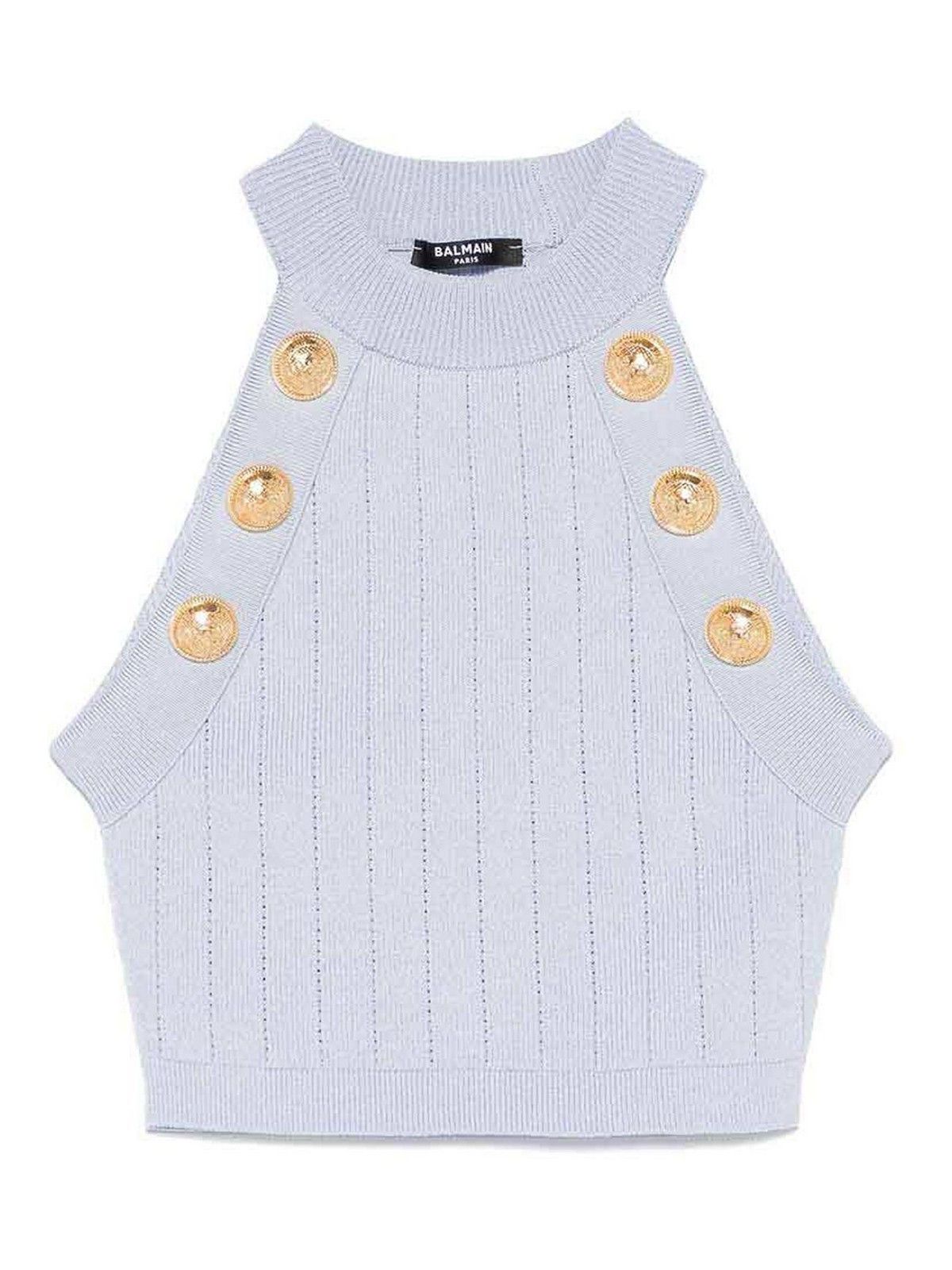 Balmain o1loc1c0526 Halterneck Knit Crop Top in Light Blue Size S / US 4 / IT 40 - 1 Thumbnail