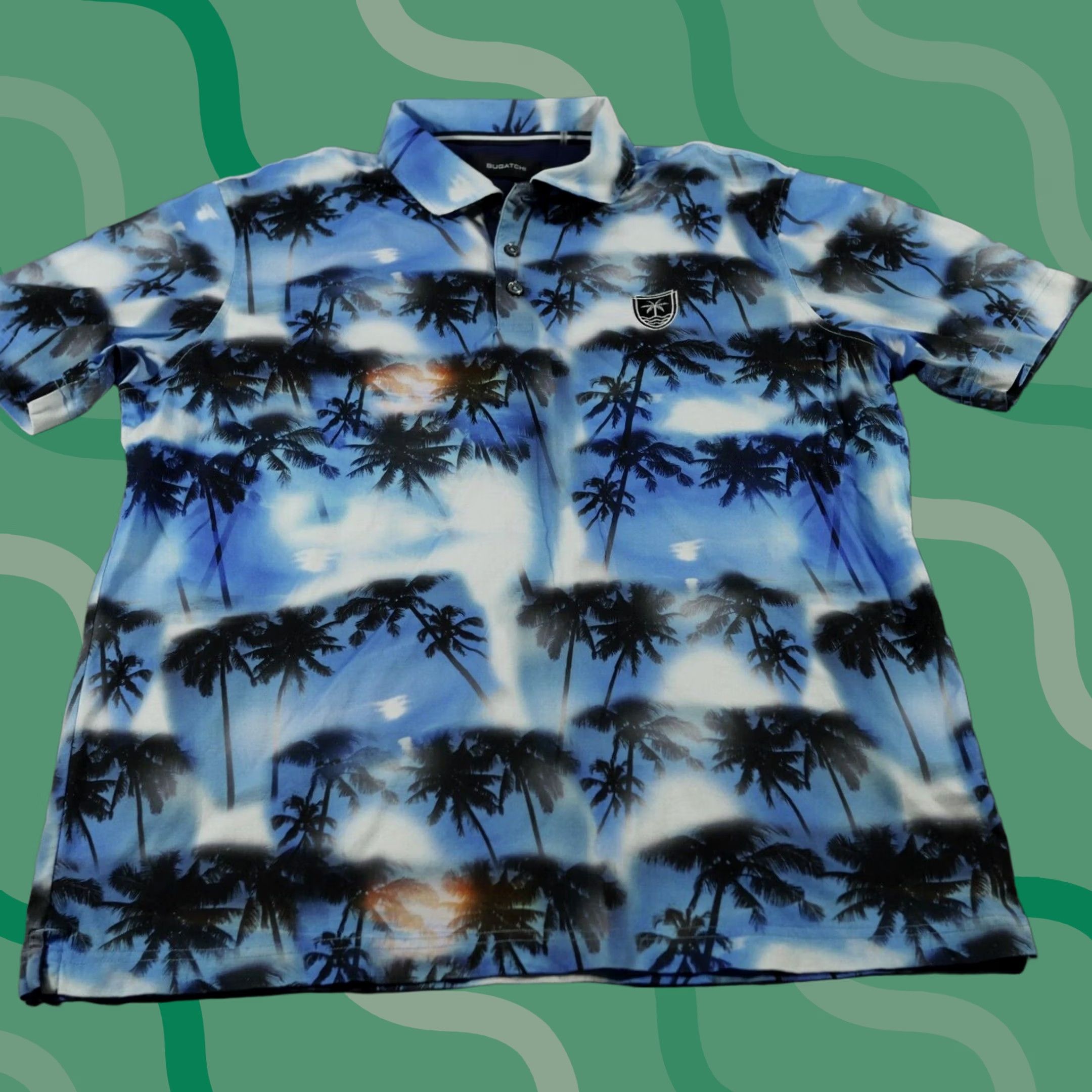 BUGATCHI BUGATCHI Polo Shirt Mens L Blue Ocean Hendrix Palm Trees Golf Patch Casual Size US L / EU 52-54 / 3 - 1 Thumbnail