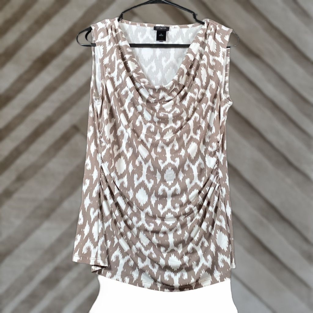 Ann Taylor Ann Taylor Blouse Sleeveless Brown White Cowl Neck Scoop Neck Geometric Pattern Regular S Womens Shirt Size S / US 4 / IT 40 - 1 Thumbnail