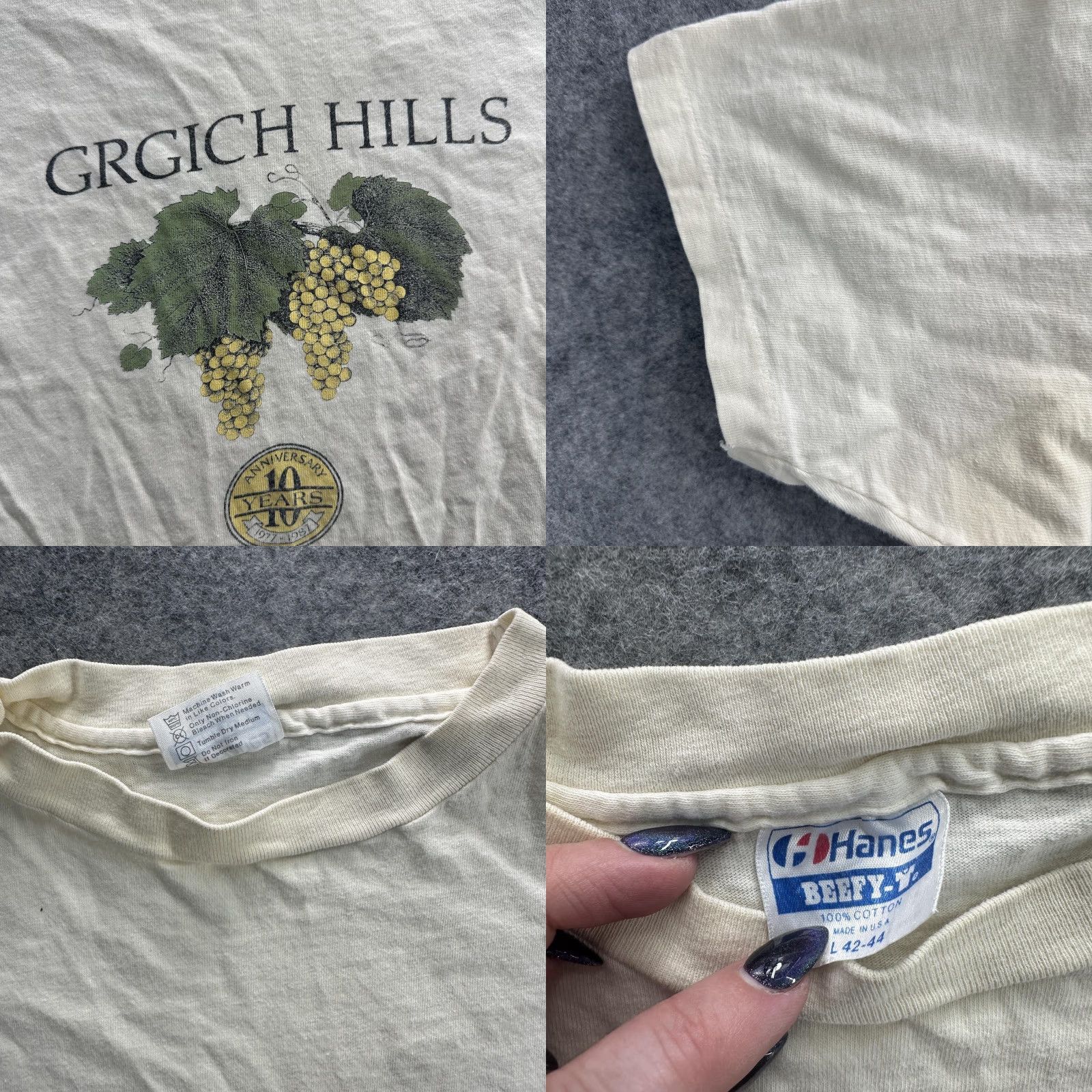 Hanes VINTAGE Hanes Grgich Hills T-Shirt Mens Large Beige Graphic Print 90s Anniversary Napa Valley Size US L / EU 52-54 / 3 - 8 Thumbnail