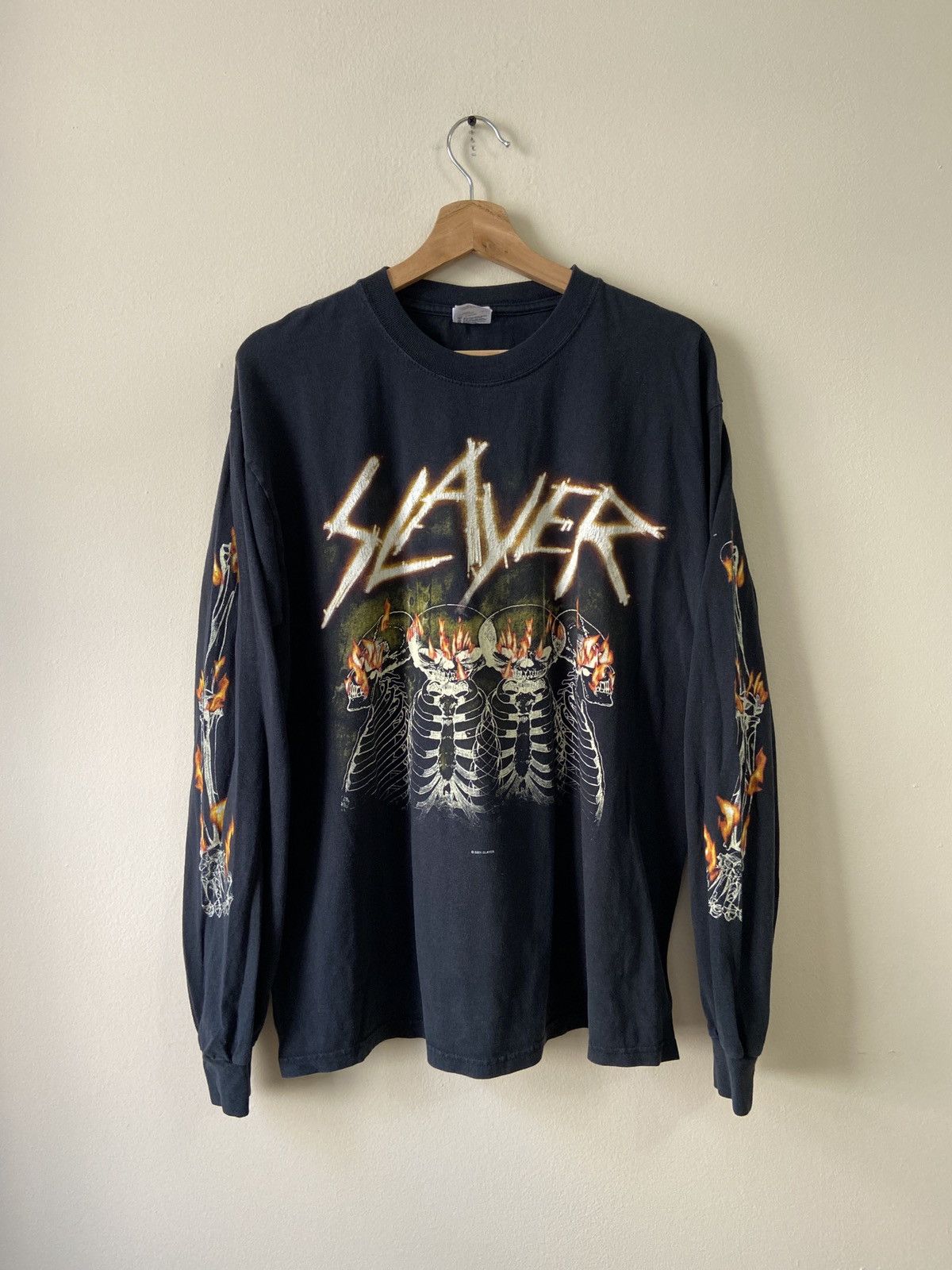 Vintage Slayer Thrash Metal Band Rock Flames Skull tee shirt, image size:1200x1600