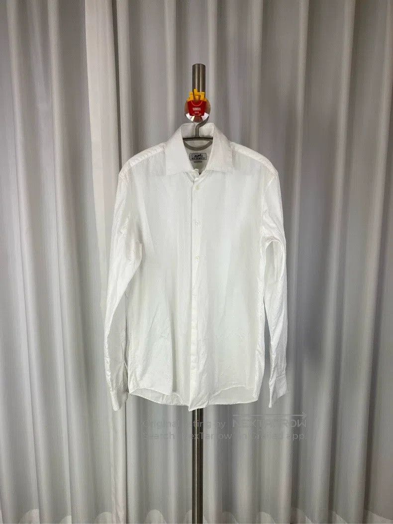 Hermes size 39 Pure White Cotton Dark Pattern Logo Long Sle