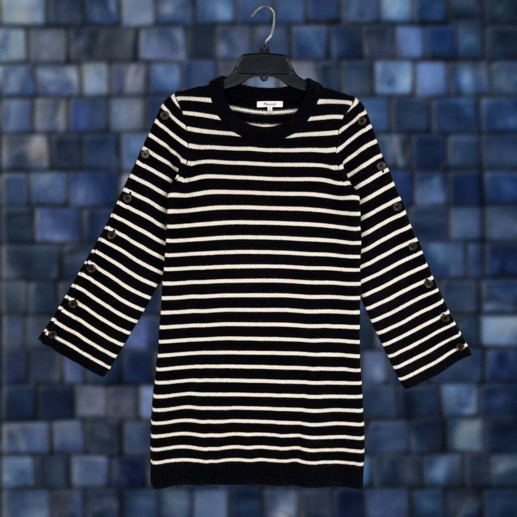 Madewell Madewell Sweater Dress Womens XS Black Stripe Merino Wool Knit Crewneck Button Sleeve Tunic Short Dress Size XS / US 0-2 / IT 36-38 - 1 Thumbnail