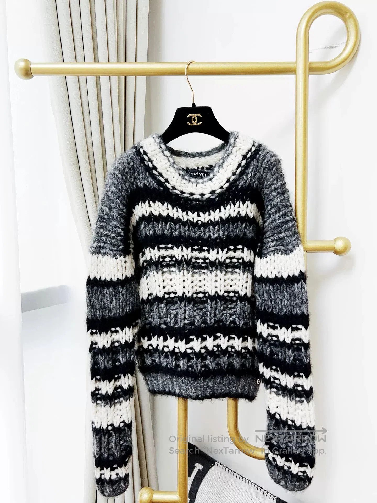 Chanel 19K Snow Striped Knit Sweater.