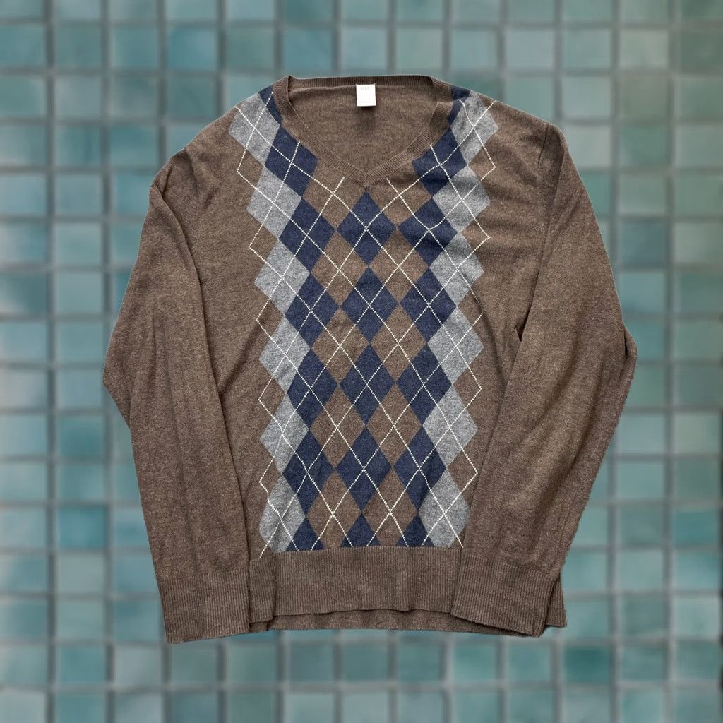 Gap Gap Mens Sweater Knit Pullover V-Neck Long Sleeve Brown M Preppy Argyle Knit Style Tight-Knit Cotton Regular Vintage: No Size US M / EU 48-50 / 2 - 1 Thumbnail