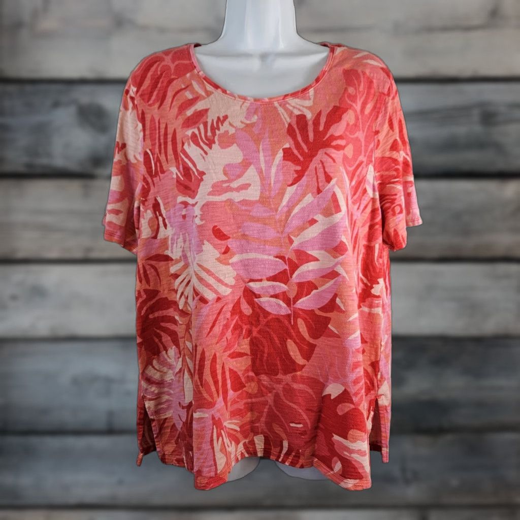 Vintage Chico's Womens Top XL Pink Red Leaf Print Short Sleeve Cotton Blend Shirt Womens XL Pink Red Leaf Print T-Shirt Size XL / US 12-14 / IT 48-50 - 1 Thumbnail