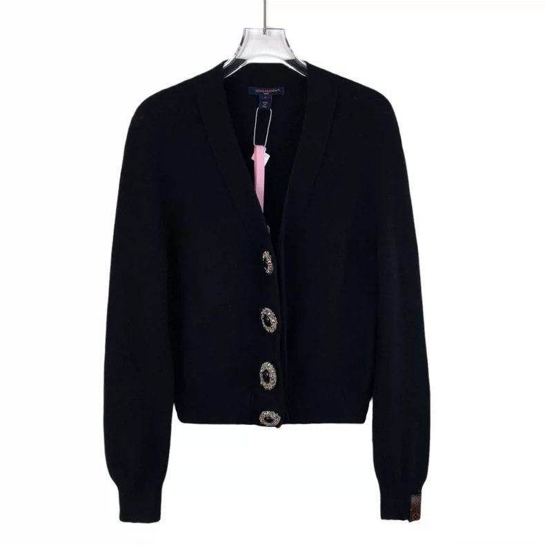 Louis Vuitton Louis Vuitton Black heavy jewel button cashmere V-neck lon Size S / US 4 / IT 40 - 1 Thumbnail
