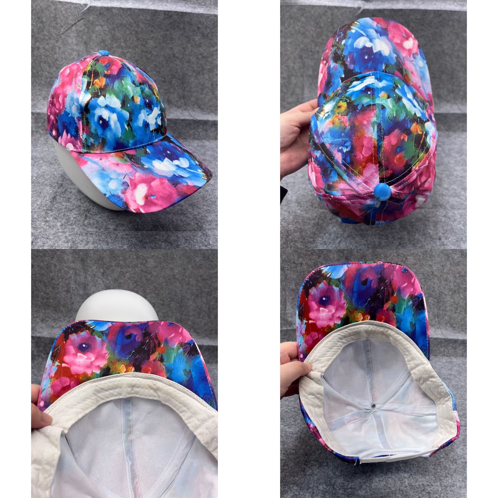 Vintage Hat Snap Back Womens One Size Blue Pink Floral 100% Polyester Outdoors Beach Cap Size ONE SIZE - 8 Thumbnail