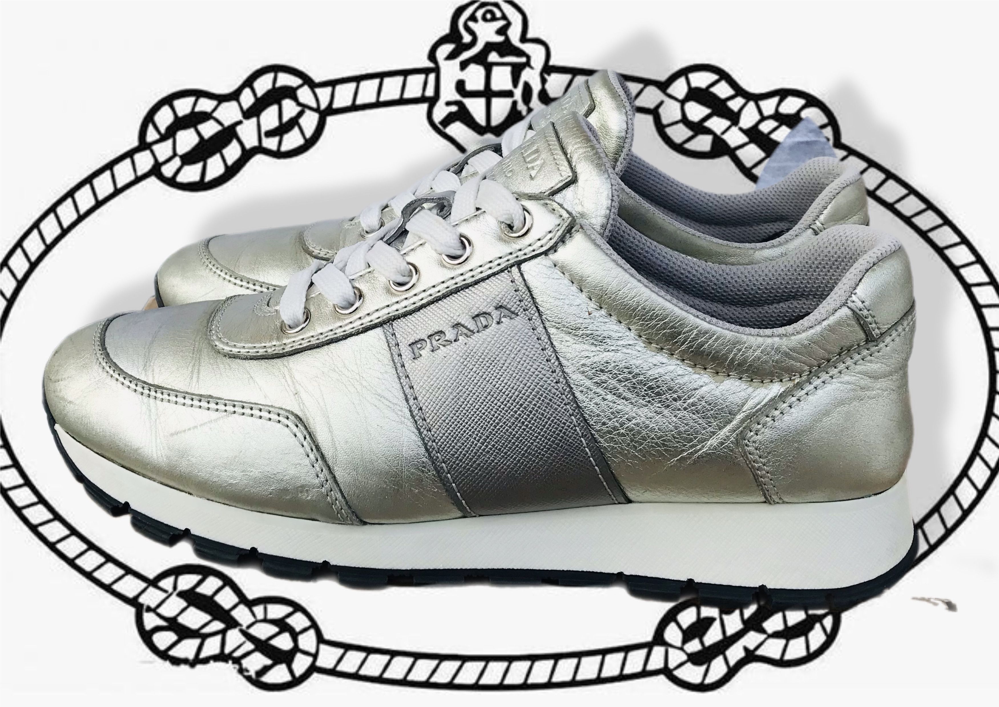 Prada Prada Milano Leather Lace-Up Sneakers Silver Women's Nappa Size US 7 / IT 37 - 2 Thumbnail
