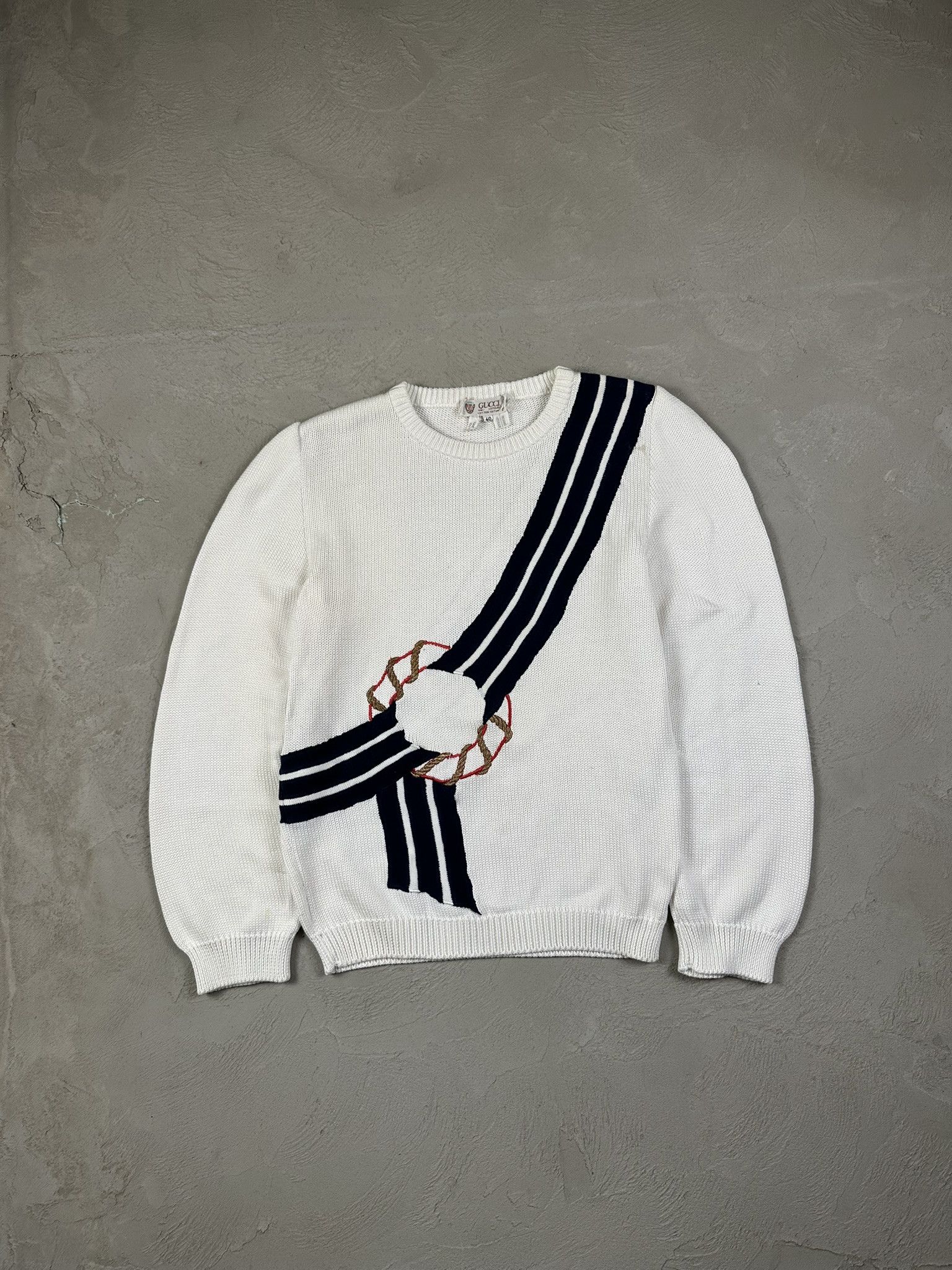 Gucci 80s Vintage Gucci Marine Cotton Knit Boxy Sweater Size L / US 10 / IT 46 - 1 Thumbnail