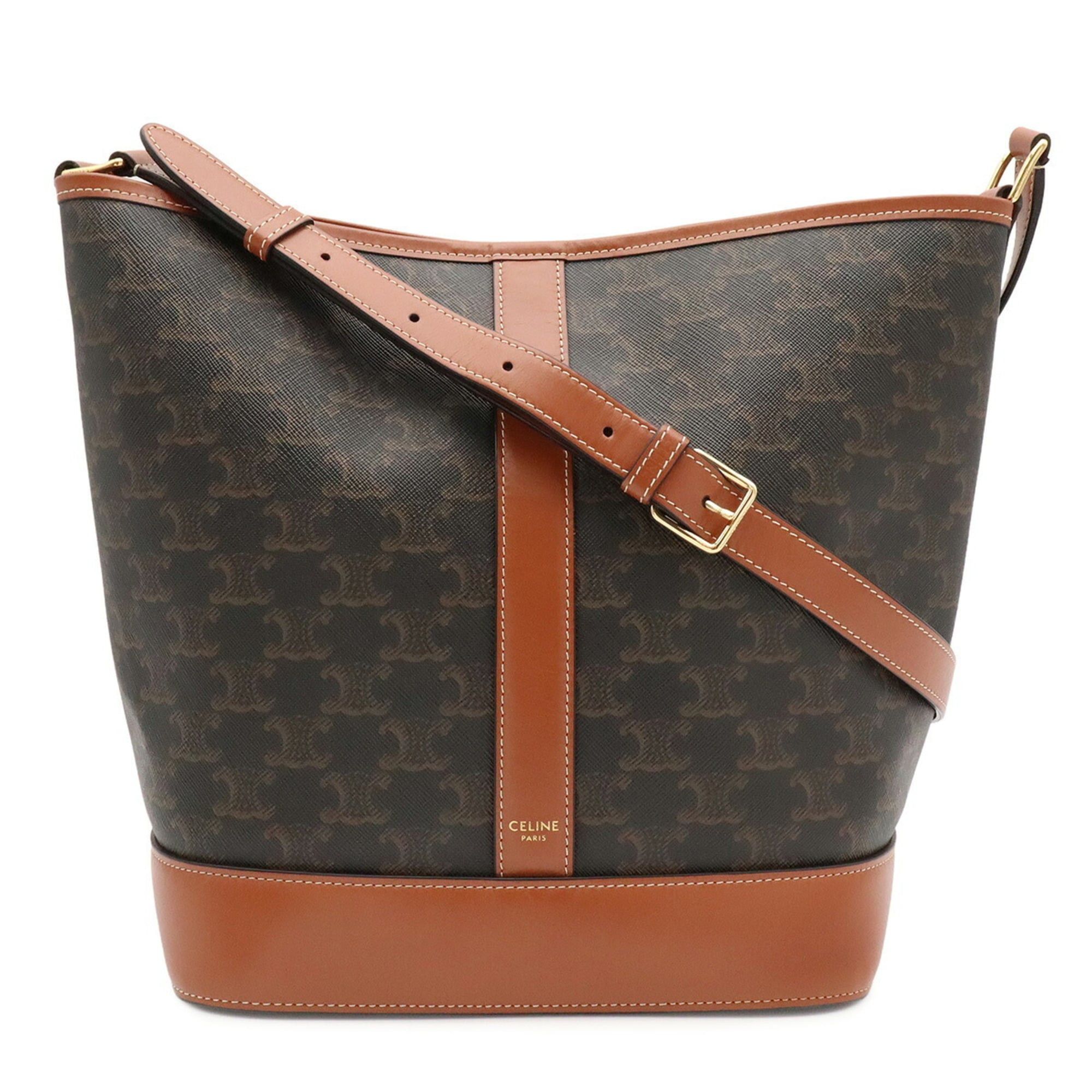 Celine CELINE Triomphe Medium Bucket Shoulder Bag, Canvas, Calfskin Leather, Tan Brown, 191132 Size ONE SIZE - 1 Thumbnail