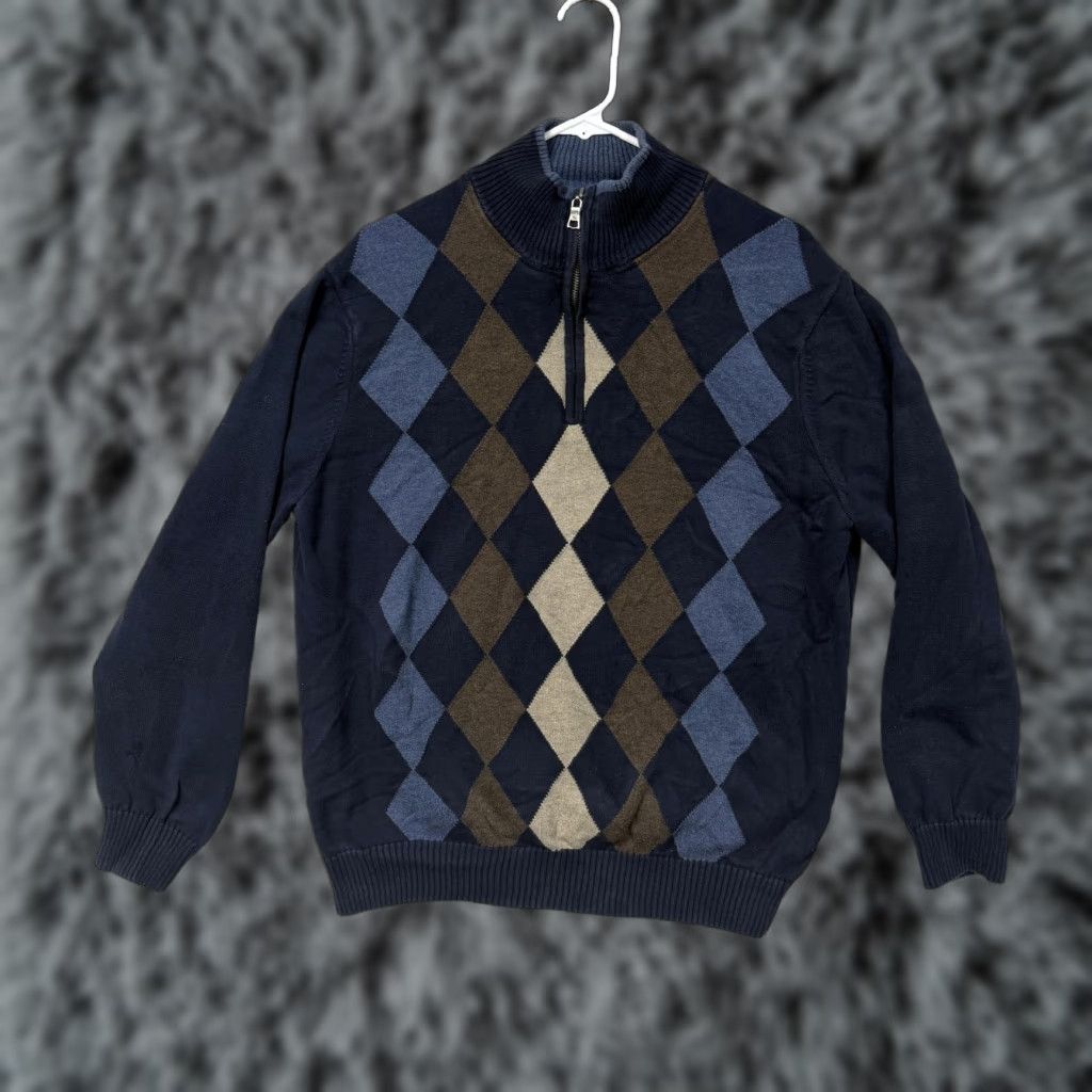 Vintage Bass Men Sweater L Blue Brown Argyle 1/4 Zip Mock Neck Pullover Knit Cotton Dark Academia Navy 90s Preppy casual Mens Size US L / EU 52-54 / 3 - 1 Thumbnail