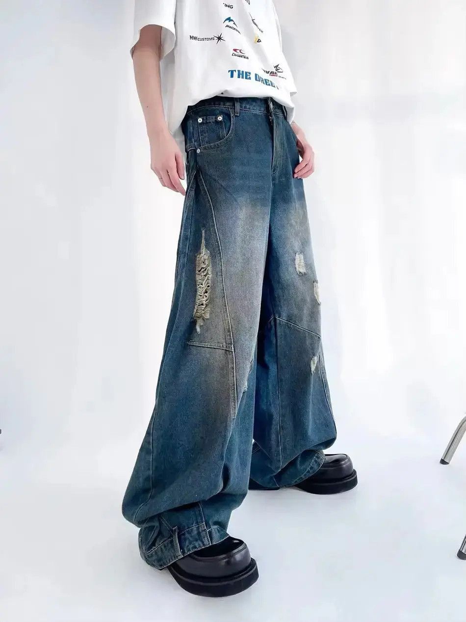 Japanese Brand Streetwear Ripped Distressed Hip Hop Wide Leg Jeans Pants Size US 30 / EU 46 - 4 Thumbnail