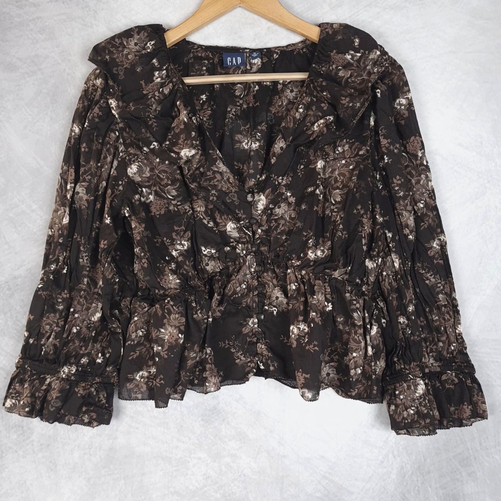 Gap Gap Blouse Womens Medium Brown Floral Ruffle Collar Peplum Sheer V-Neck Button Front Long Sleeve Casual Fall Womens Size M / US 6-8 / IT 42-44 - 5 Thumbnail