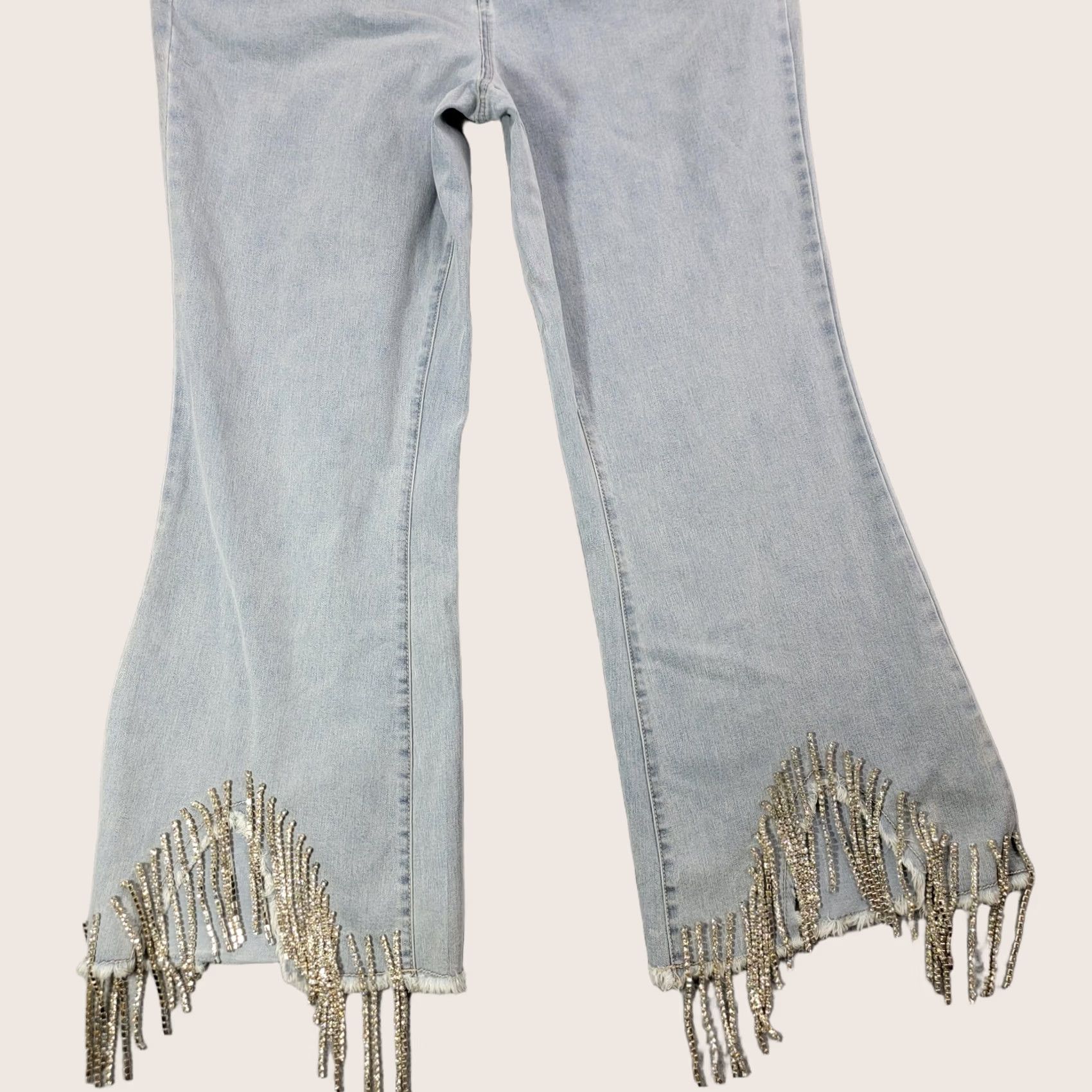 Vintage Versona Jeans Womens 10 Light Wash Flare Leg Fringe Hem Rhinestone Denim Modern Jeans Size 32" / US 10 / IT 46 - 1 Thumbnail