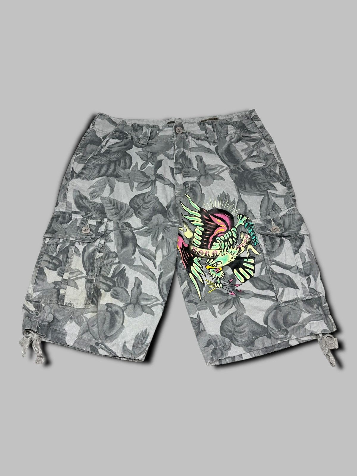 🔥 ED HARDY Y2k FLORAL OVER PRINT SKULL LOGO CARGO SHORTS Shorts