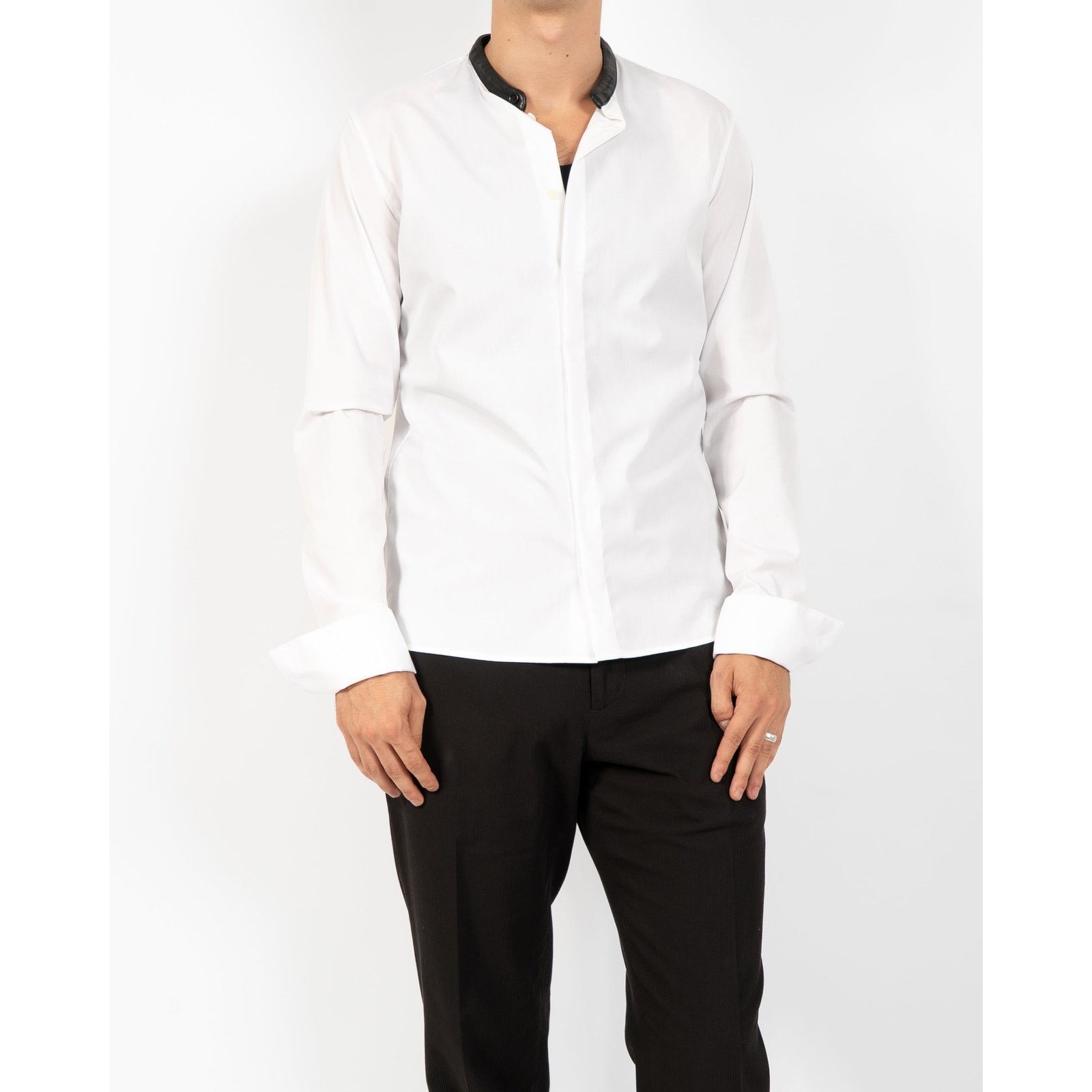 Haider Ackermann FW20 Leather Collar Mao Shirt in White Cotton Size US S / EU 44-46 / 1 - 1 Thumbnail
