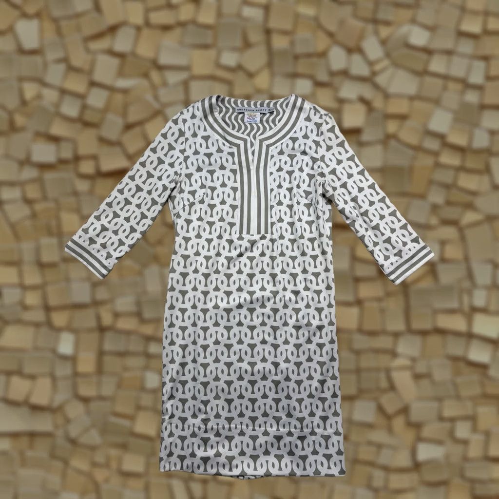 Vintage Gretchen Scott Geometric Knit Jersey Dress Split Neck 3/4 Sleeve XS Grey White Knee Length Size XS / US 0-2 / IT 36-38 - 1 Thumbnail