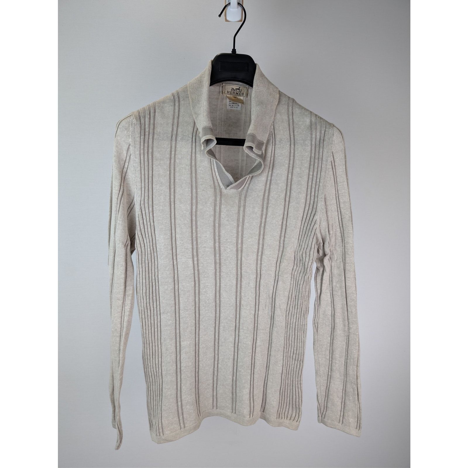 Hermes o1rshd1 CC20 Striped Knit Long-Sleeve Polo Shirt in Beige Size US M / EU 48-50 / 2 - 2 Thumbnail