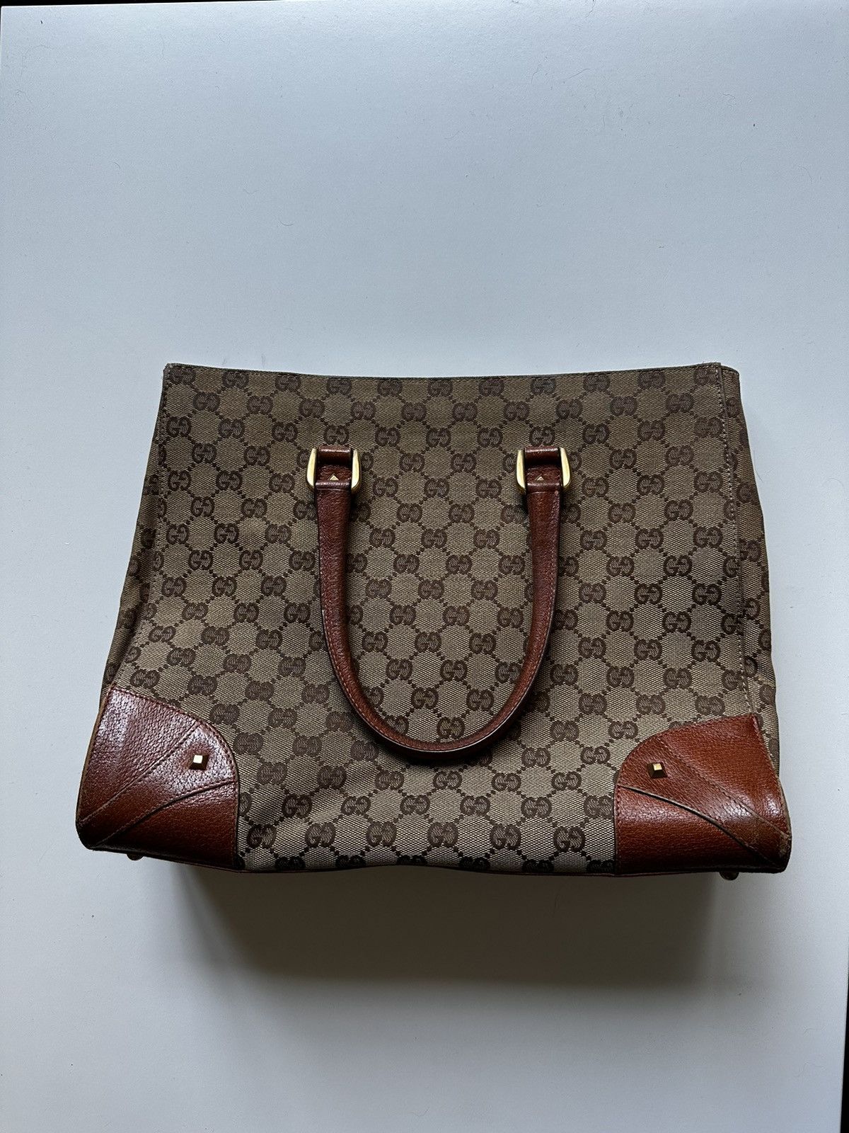 Vintage Vintage Gucci GG Logo Nailhead Tote Canvas Leather Tan Brown Size ONE SIZE - 1 Thumbnail