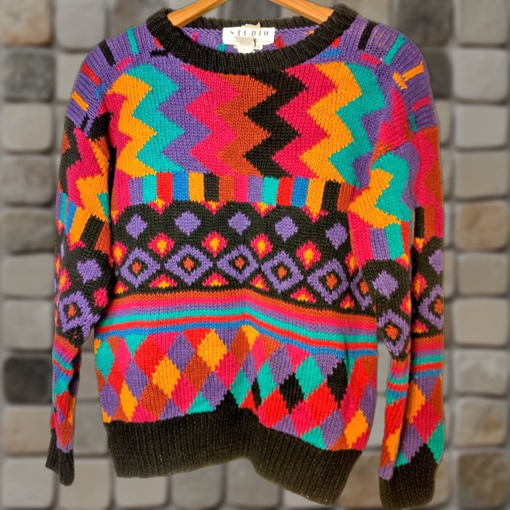 VINTAGE Studio Michelle Stewart Sweater Women S Multicolor Geometric 1990s Retro Knit Pullover