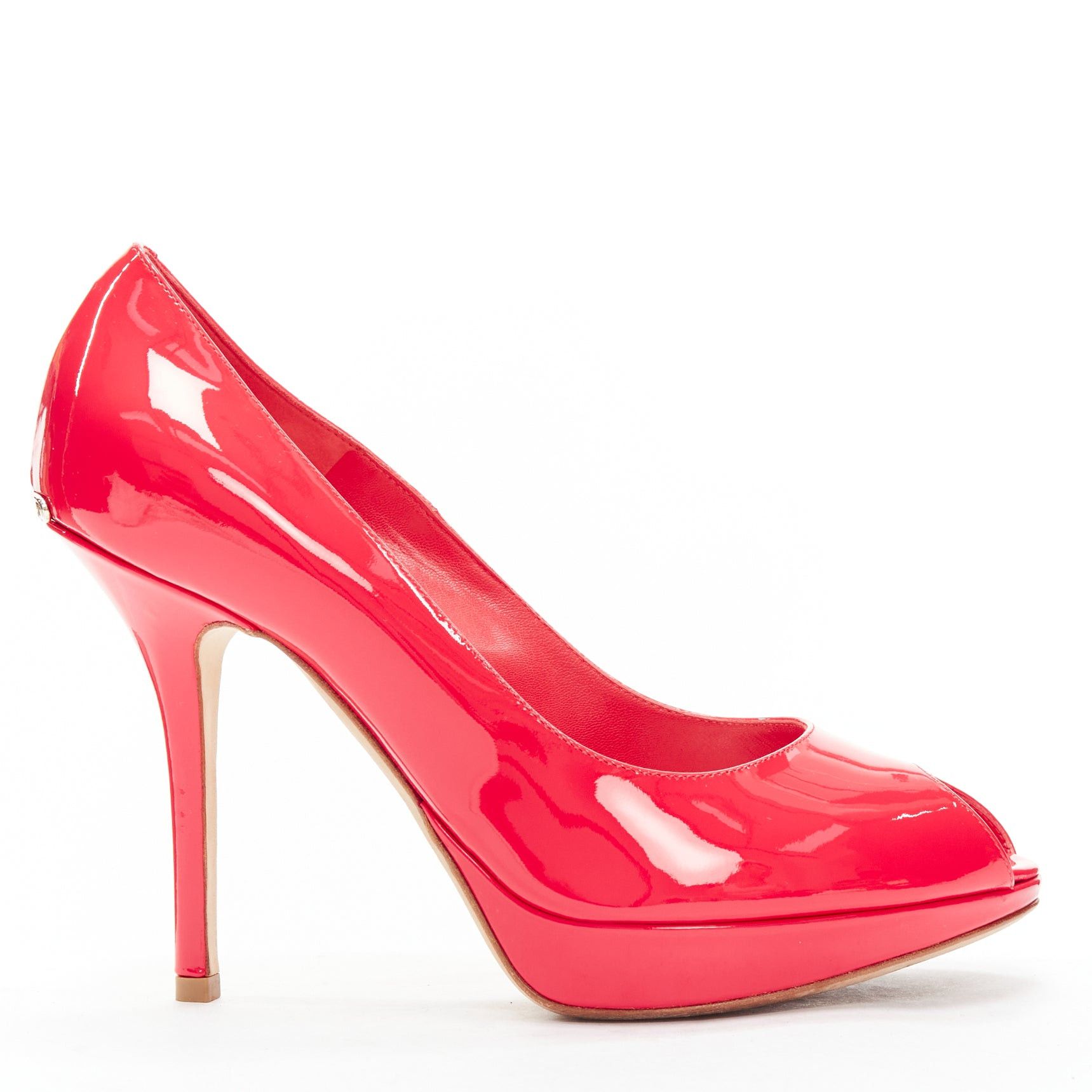 Dior CHRISTIAN DIOR neon pink patent leather peep toe platform pumps EU38 Size US 8 / IT 38 - 1 Thumbnail