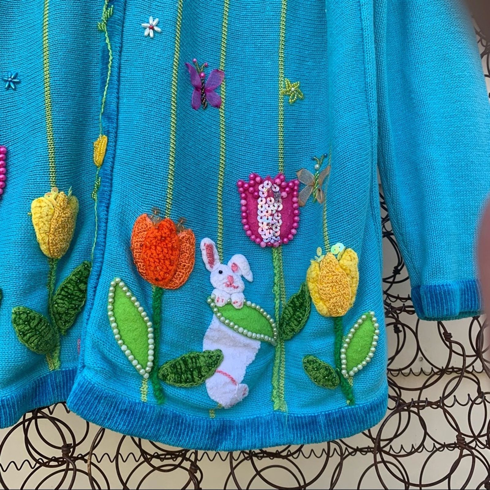 Vintage Quacker Factory blue cardigan spring flowers Size M / US 6-8 / IT 42-44 - 4 Thumbnail