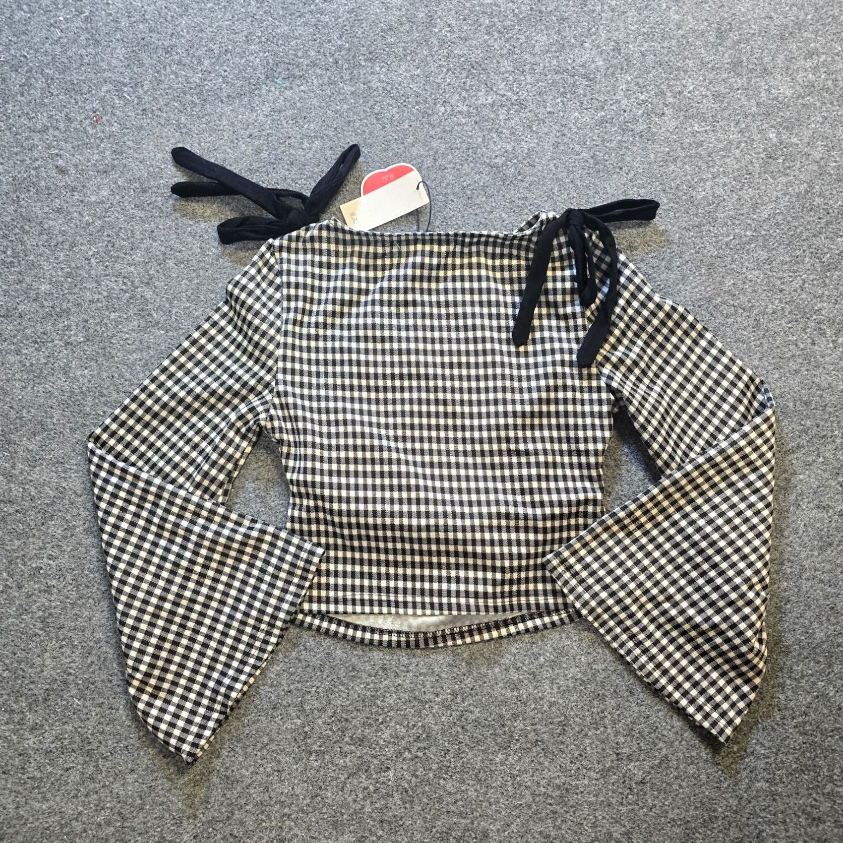 Cider Cider Top Womens Size M Black White Gingham Plaid Flare Sleeve Bows Casual Shirt Size M / US 6-8 / IT 42-44 - 7 Thumbnail