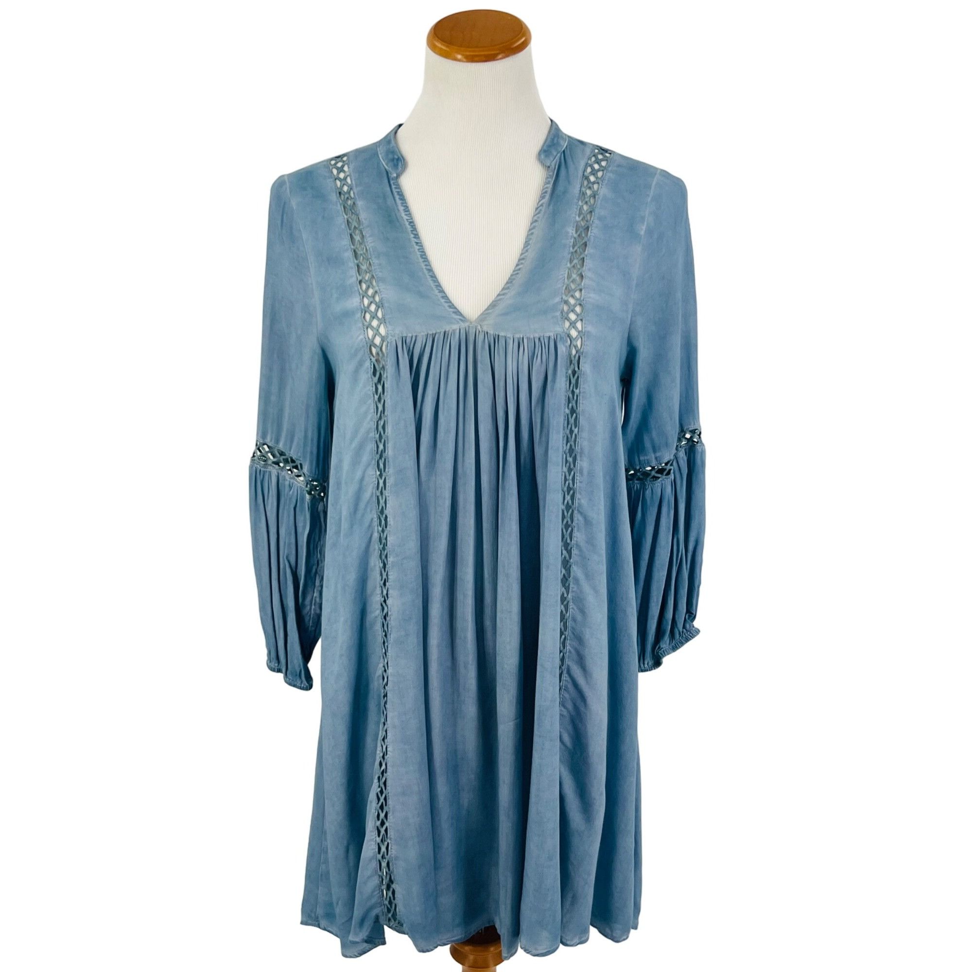 Other Dusty Blue Crochet Trim Relaxed Tunic Mini Shirt Dress | Coa Size S / US 4 / IT 40 - 9 Thumbnail