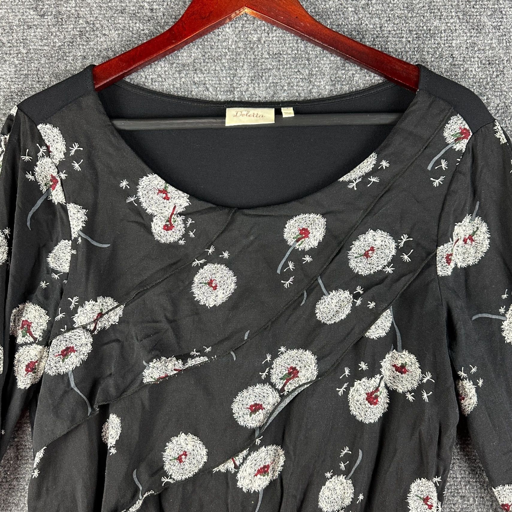 Anthropologie Deletta Blouse Womens Small Black Floral Faux Wrap Knit 3/4 Sleeve V-Neck Pullover Size M / US 6-8 / IT 42-44 - 4 Thumbnail