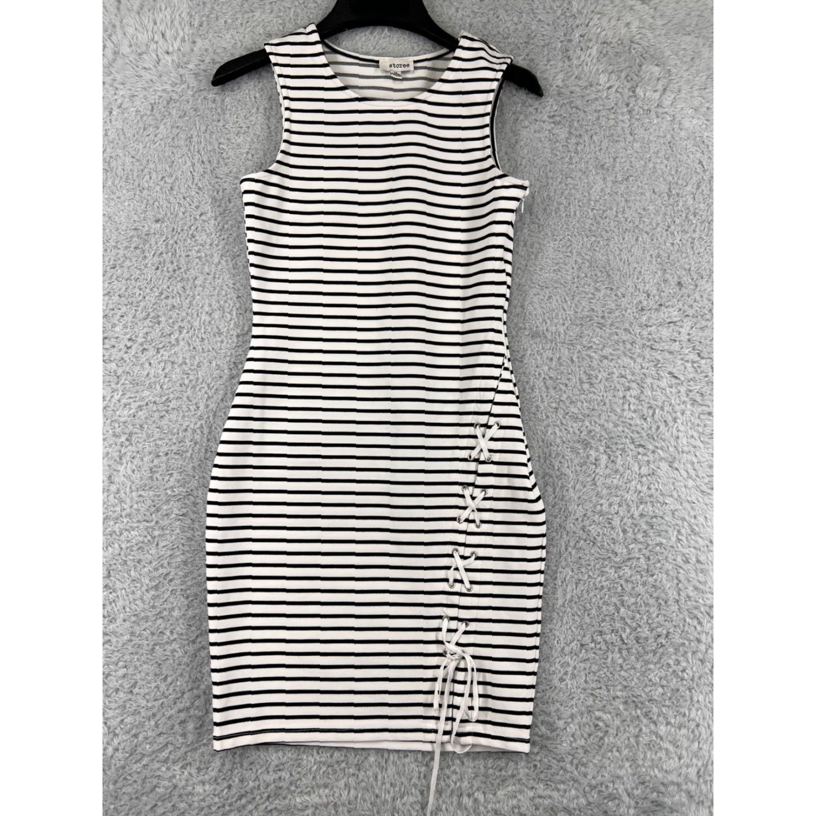 Vintage Storee Dress Womens XS Black White Stripe Cotton Blend Knit Mini Sleeveless Round Neck Pullover Size XS / US 0-2 / IT 36-38 - 2 Thumbnail