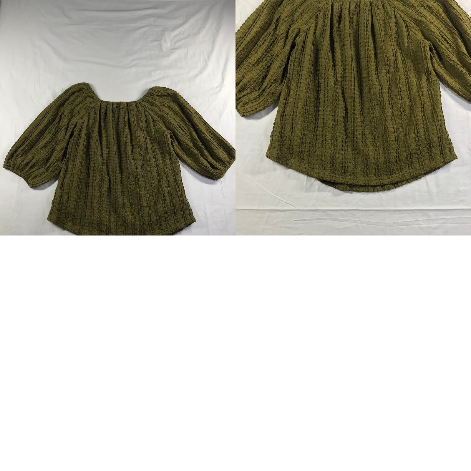 Olive Polagram Blouse Green Square Neck Balloon Sleeve Large Elsie Textured Size L / US 10 / IT 46 - 9 Thumbnail