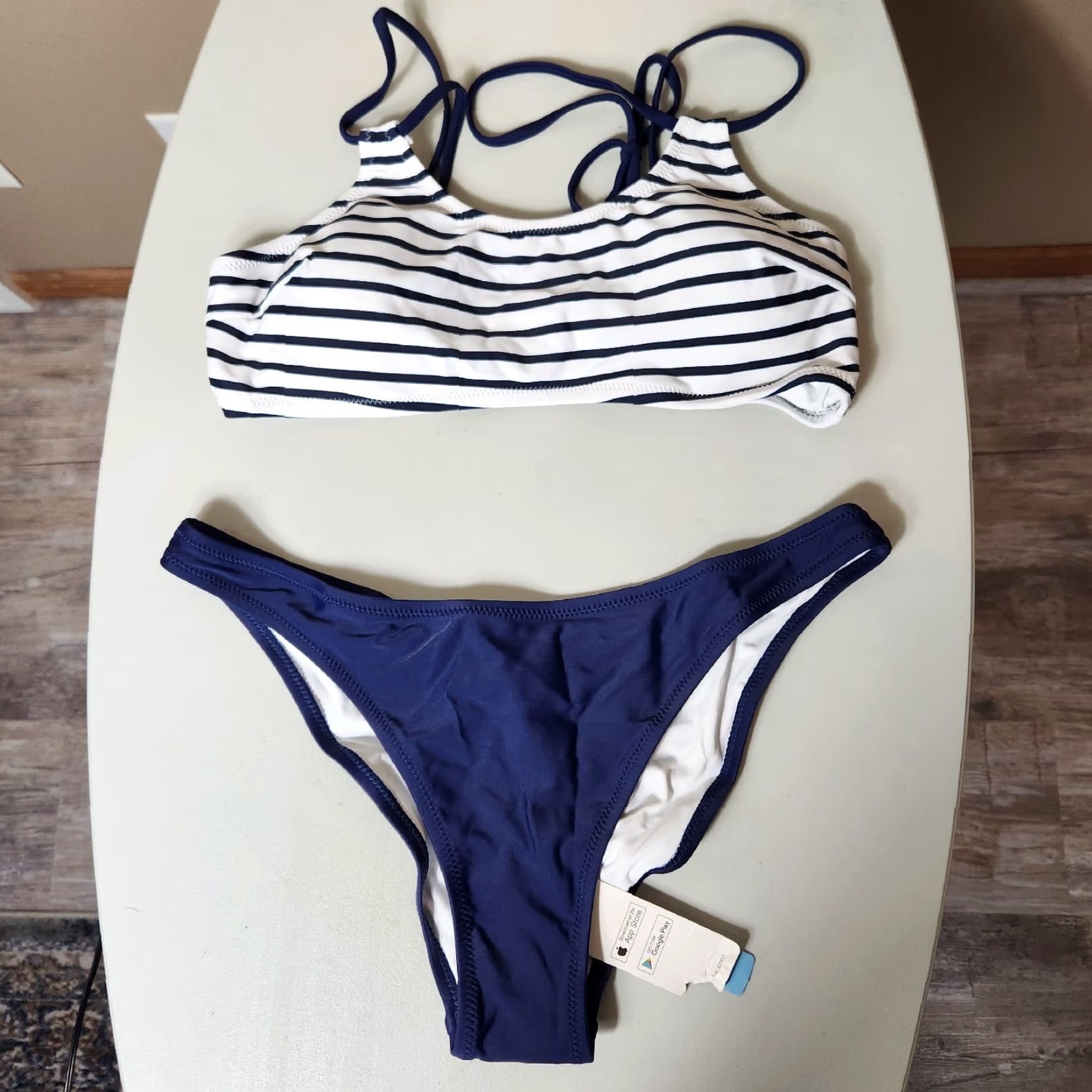 Vintage CUPSHE Bikini Sets - Women’s Low Rise Navy Striped Halter - Size L - NWT Size ONE SIZE - 4 Thumbnail