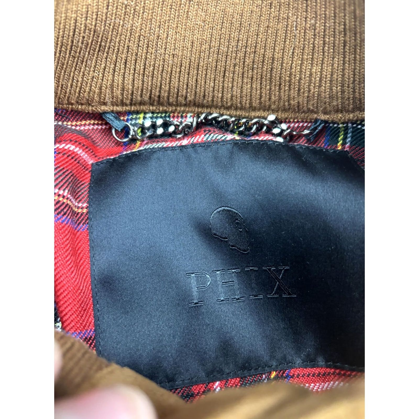 Vintage PHIX Jacket Mens Large Brown Faux Suede Bomber Full Zip Lined Plaid Trim Ribbed Collar Pockets Size US L / EU 52-54 / 3 - 2 Thumbnail