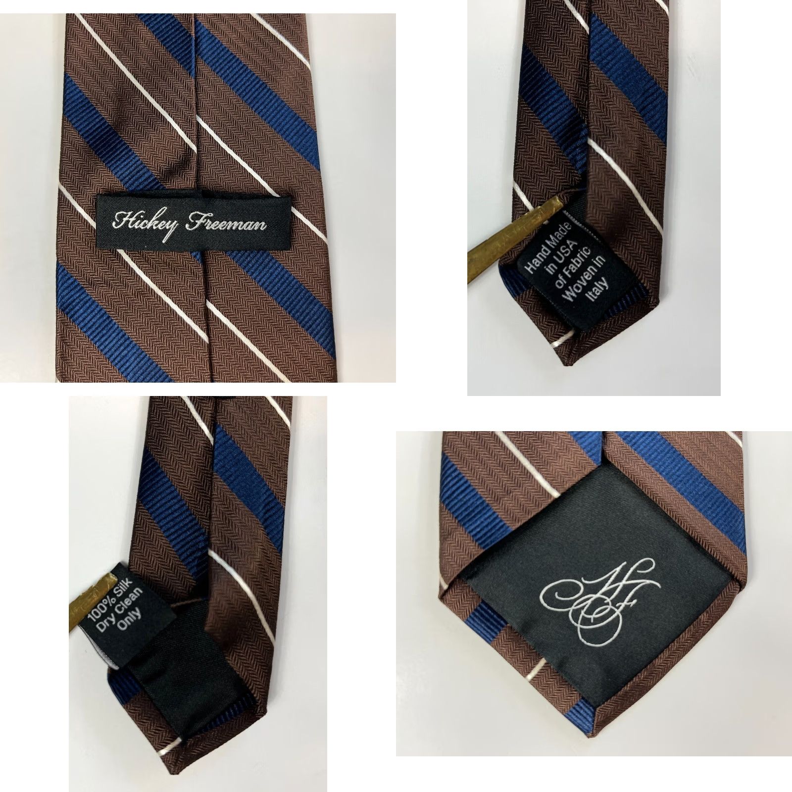 Vintage Hickey Freeman Men's Luxury Silk Tie Hand Made in USA Fabric Woven in Italy Striped 100% Silk 58" 3.5" Brown Size ONE SIZE - 8 Thumbnail