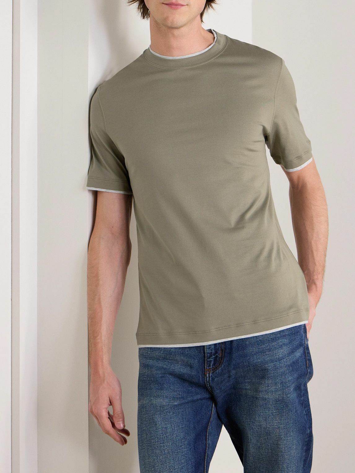 Brunello Cucinelli o1B3y1r0426 Layered Cotton-Jersey T-Shirt in Green Size US L / EU 52-54 / 3 - 2 Thumbnail