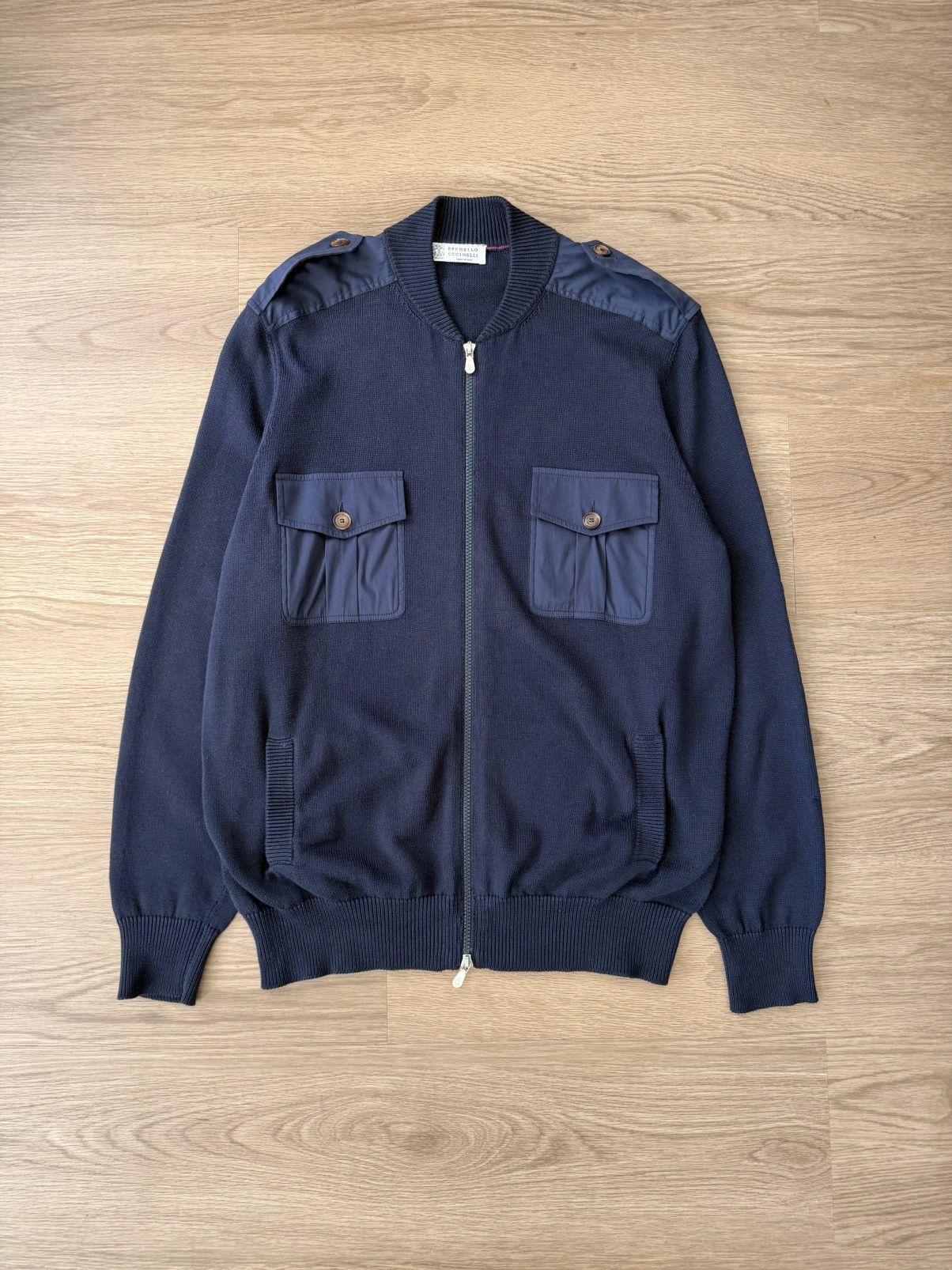 Brunello Cucinelli Cotton Knit Military Zip Cardigan Navy Size US M / EU 48-50 / 2 - 1 Thumbnail