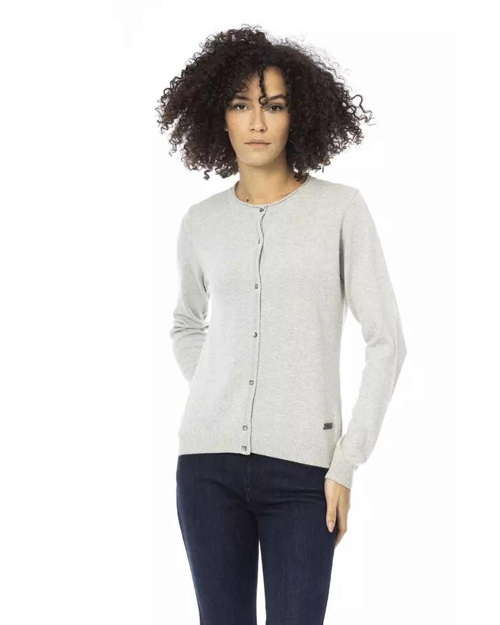 image of Baldinini Metal Monogram Buttoned Long Sleeve Sweater in Grey, Women's (Size Medium)